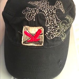 NWOT Distressed Rhinestone ‘Cross’ Cotton Cadet Cap/Hat Navy Blue